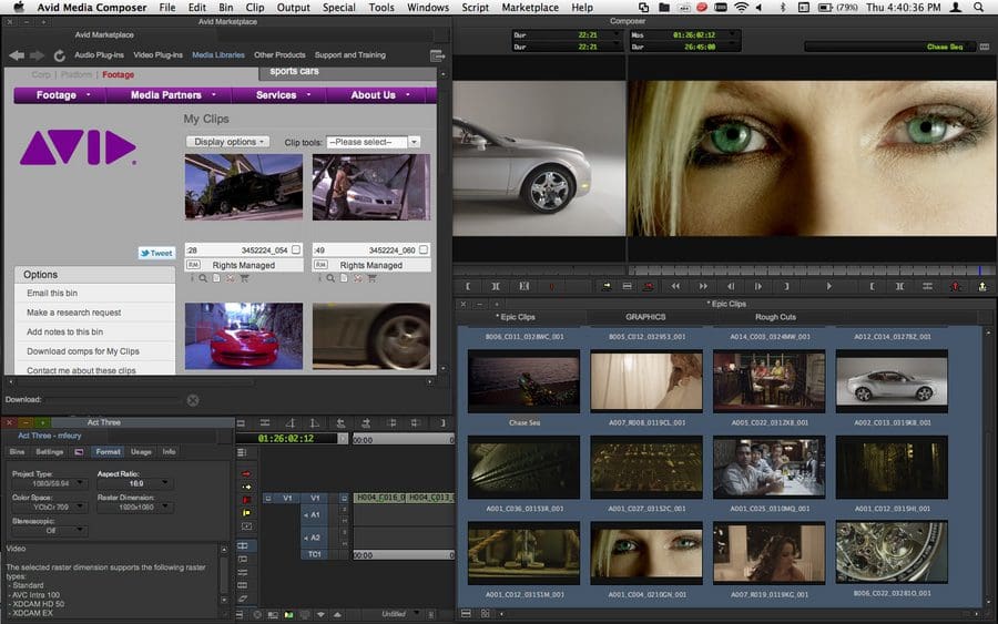 Editing software interface showing clips and previews