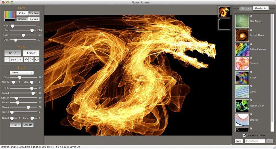 An artistic representation of a fiery dragon made of glowing flames, displayed on a digital painting application interface.