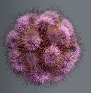 A spherical cluster of purple spiky shapes against a gray background.