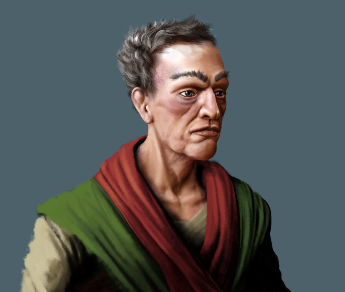 A male figure with short, untamed hair and a serious expression, wearing a green and red robe.