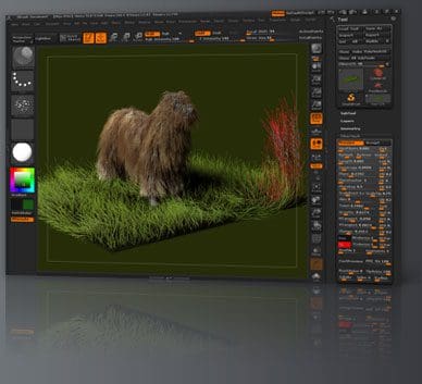 A furry dog standing on grassy terrain in a 3D modeling software interface
