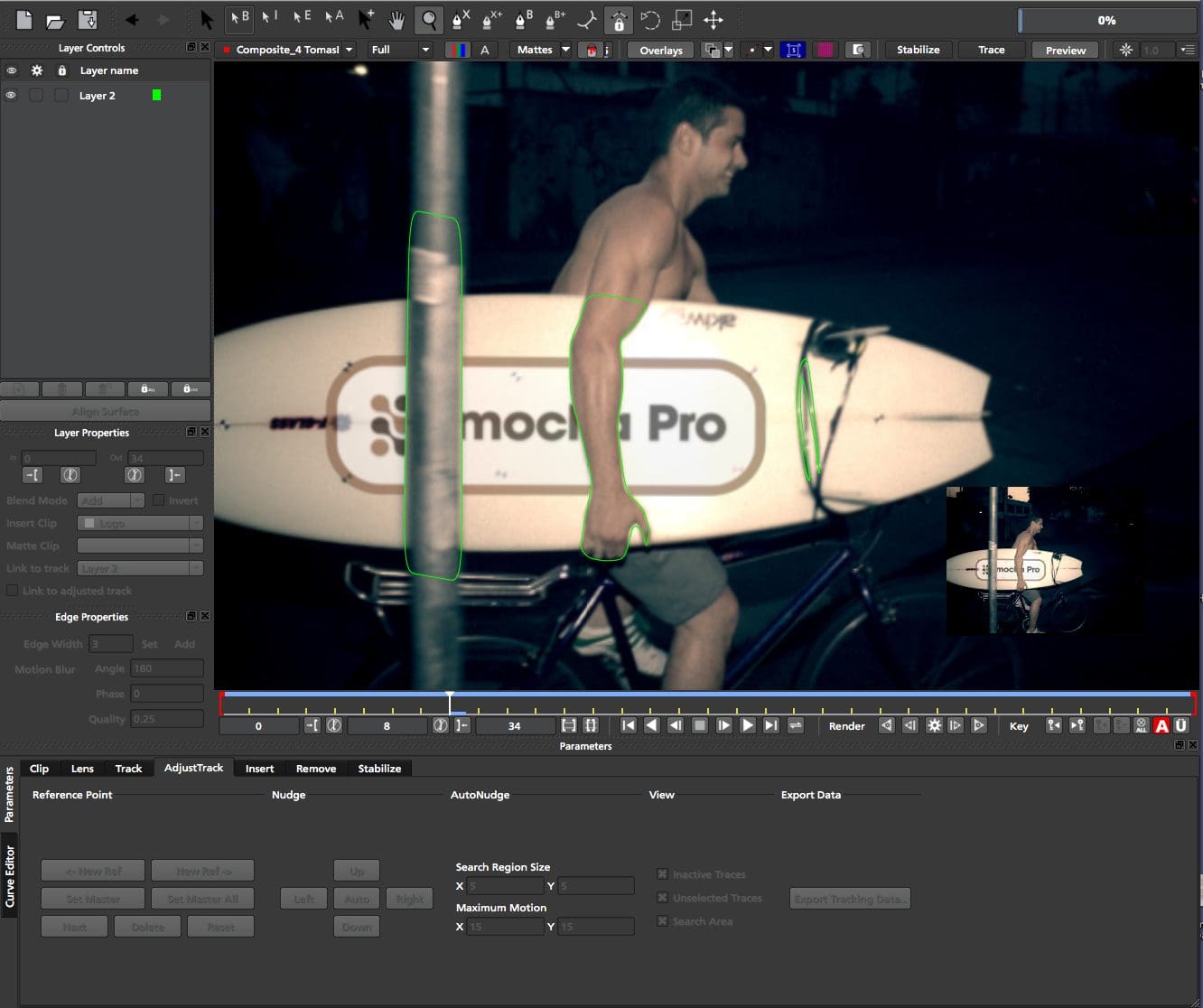A man carrying a surfboard with a logo in a video editing software interface.