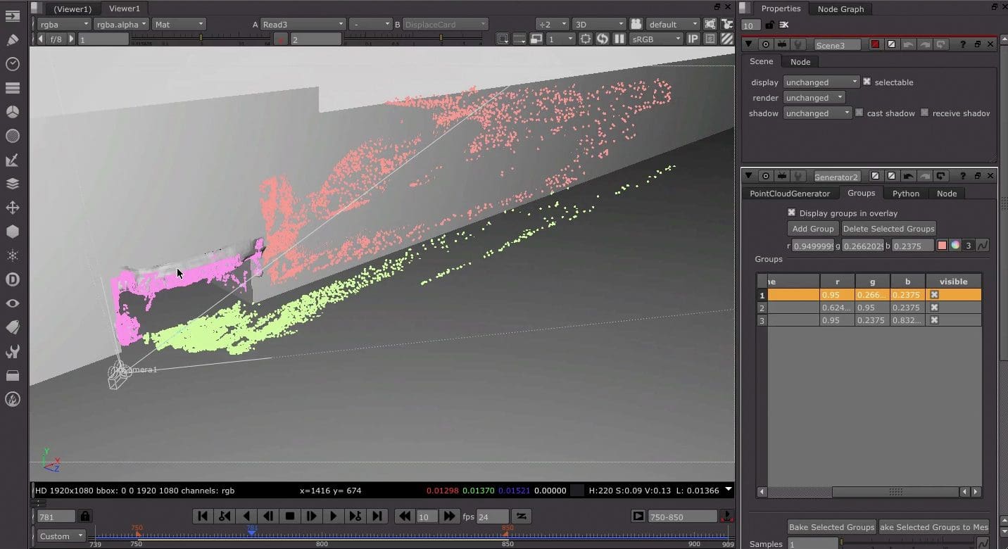 3D modeling software interface displaying particle effects