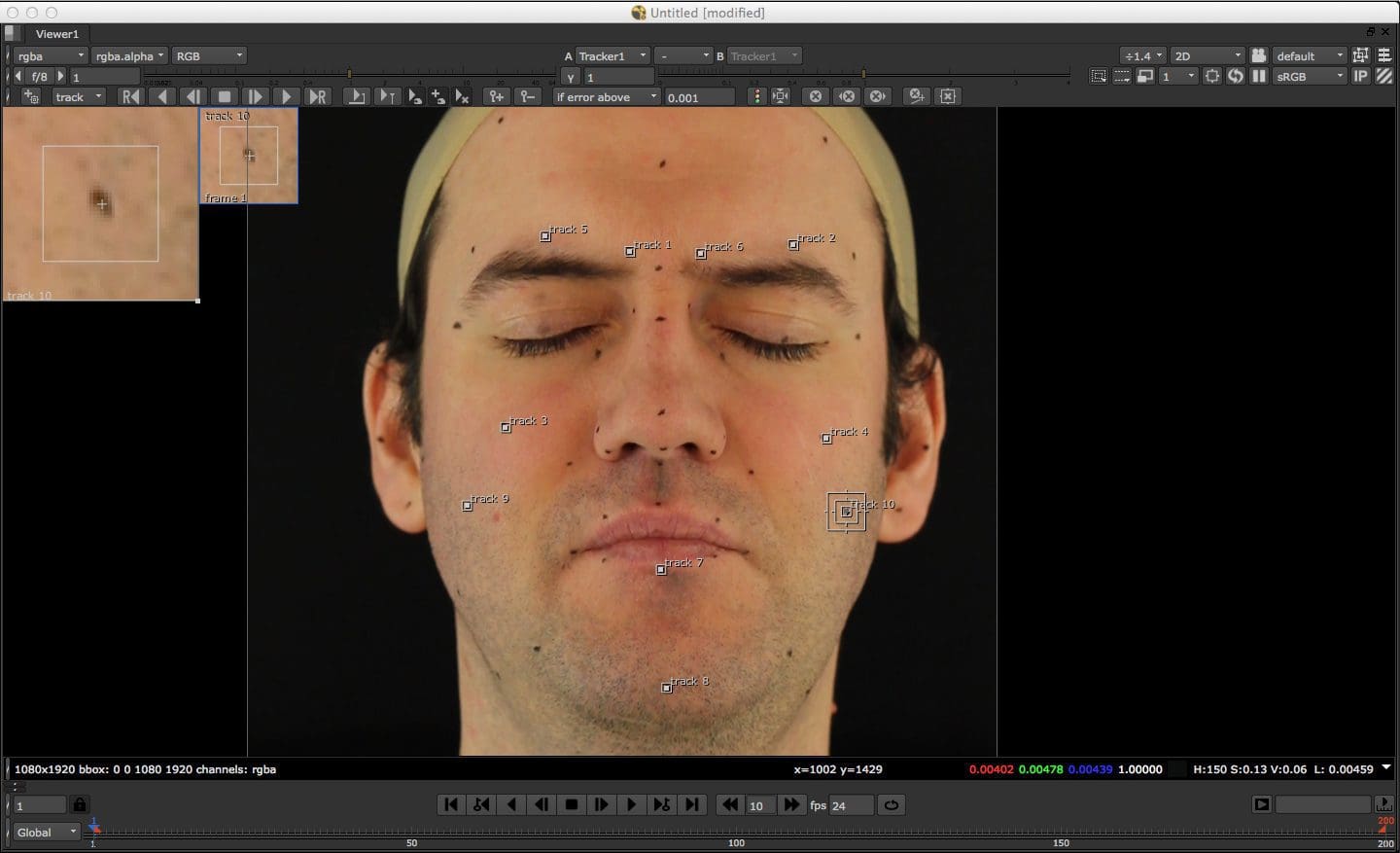 A man with closed eyes and facial markers on a black background.