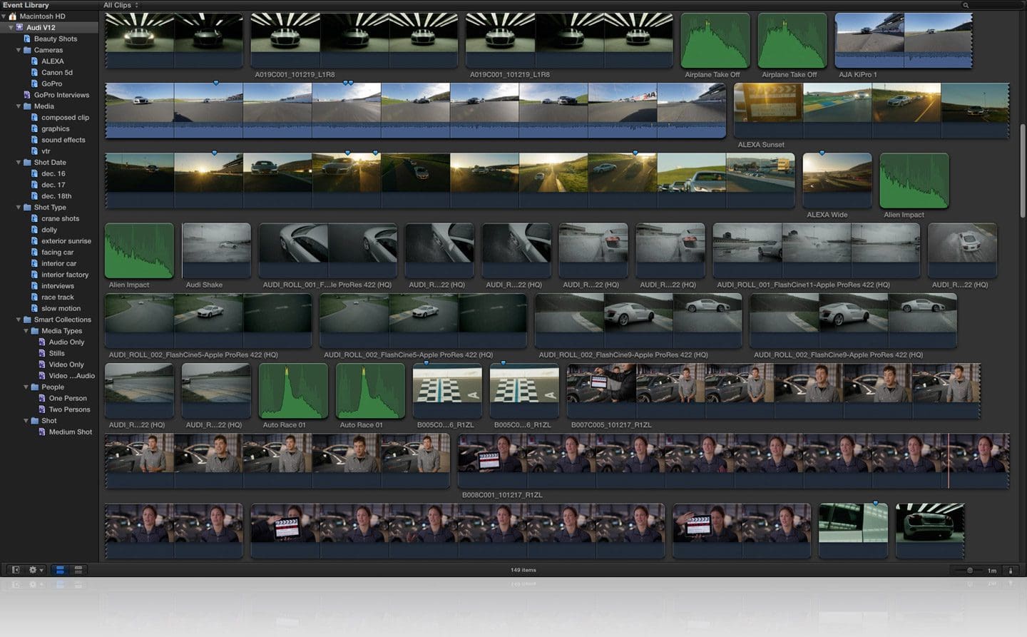 Video editing software interface displaying multiple clips and previews.