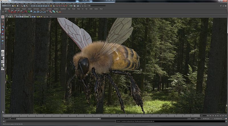 3D rendering of a large bee in a forest setting