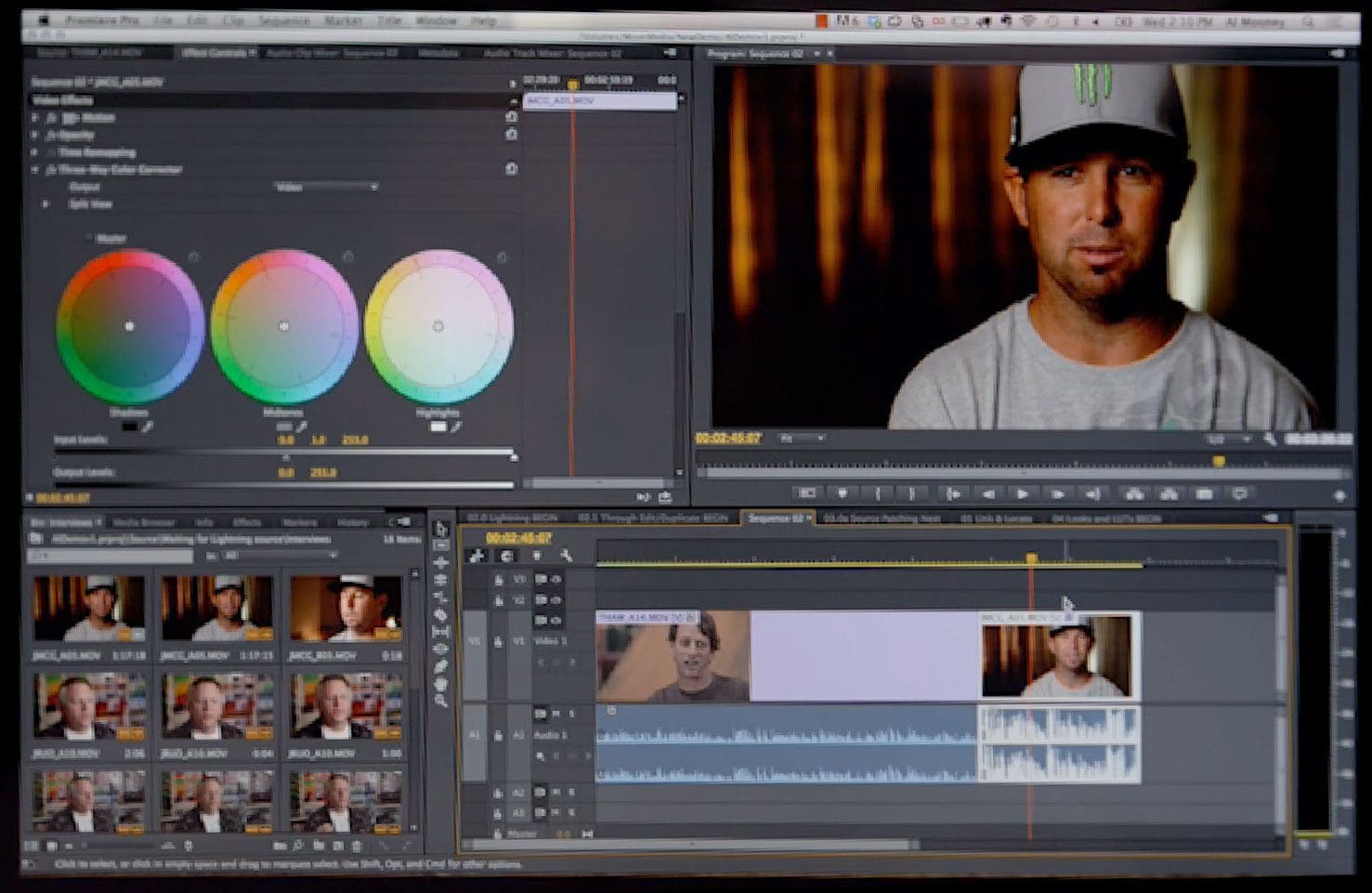 Video editing software interface showing a color grading panel and timeline with clips of a man speaking.