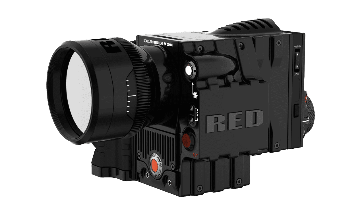 A professional RED cinema camera with a lens and various controls.