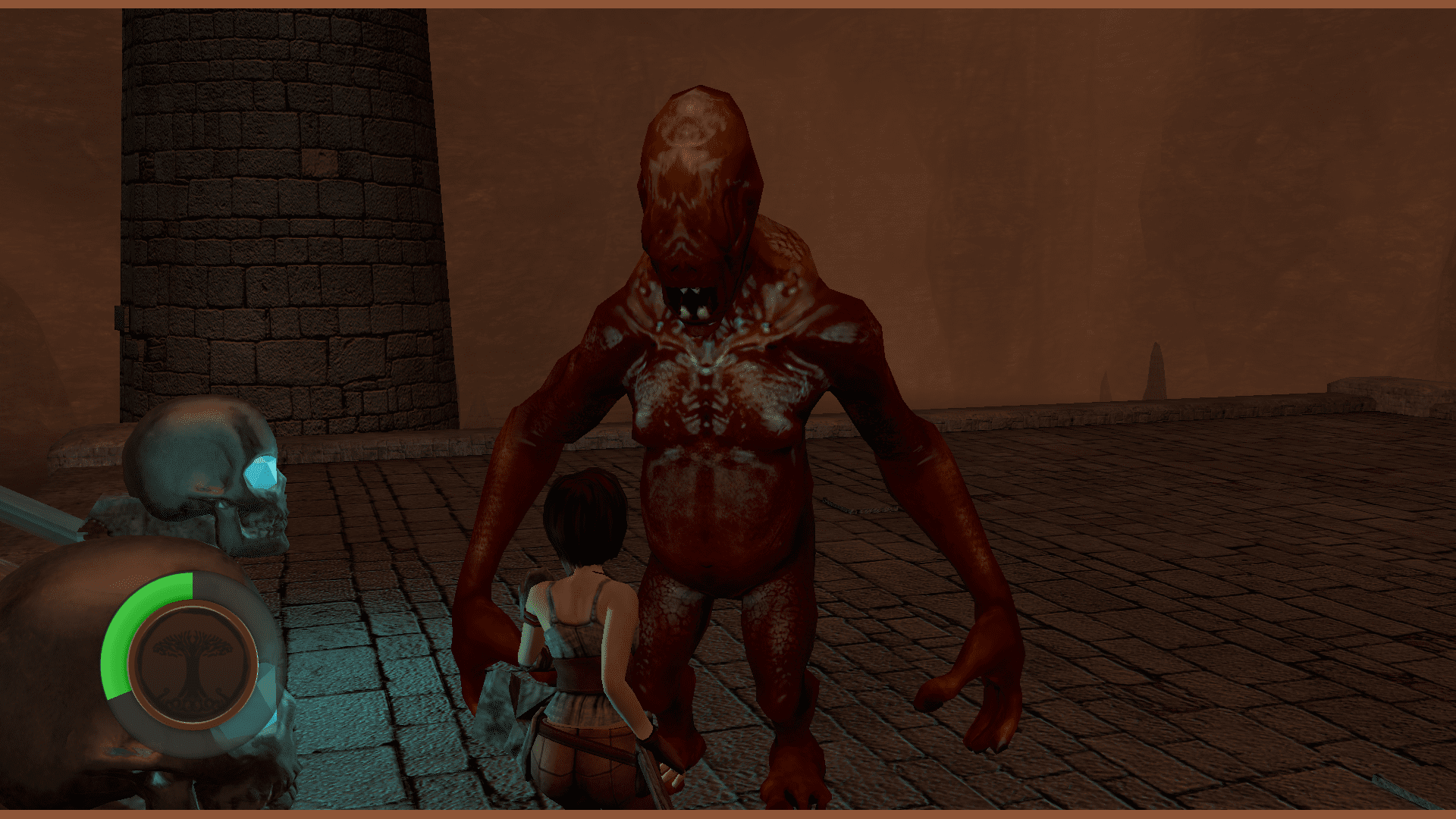 A monstrous creature confronting two characters in a dark environment.