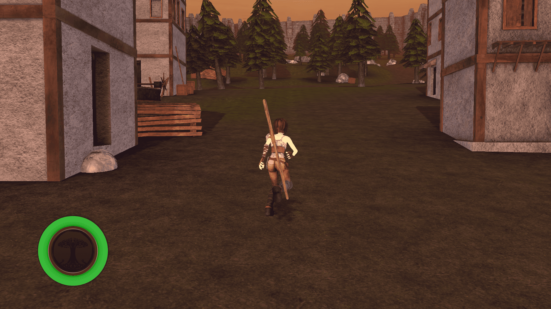 A character walking down a path in a virtual village, surrounded by trees and buildings.