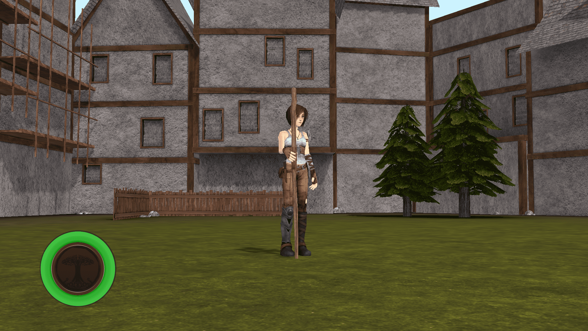 A character holding a spear in a virtual medieval setting with buildings and trees.