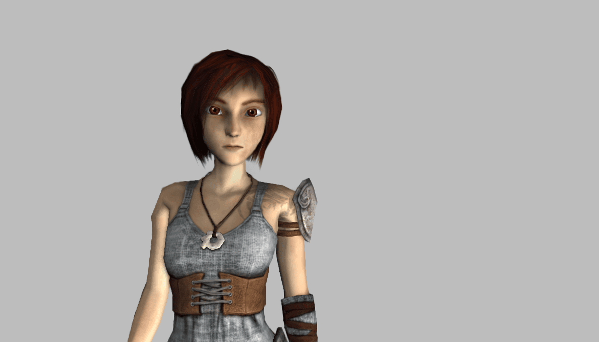 A 3D female character with short brown hair dressed in a gray outfit with brown accents and armor.