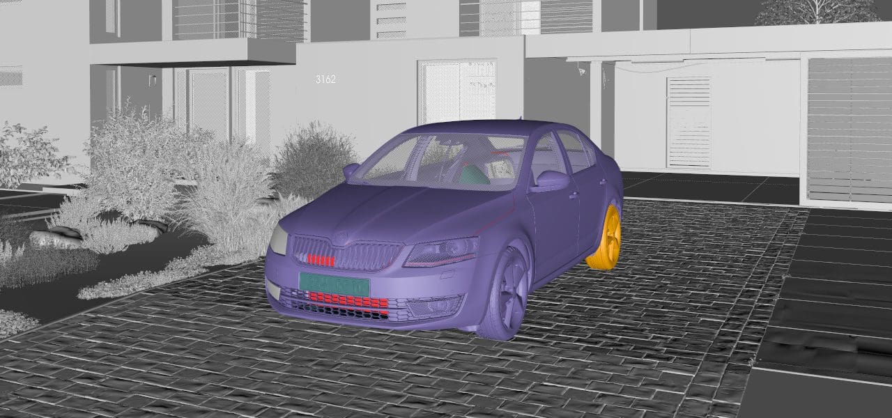 A digital model of a car in a driveway outside modern buildings.