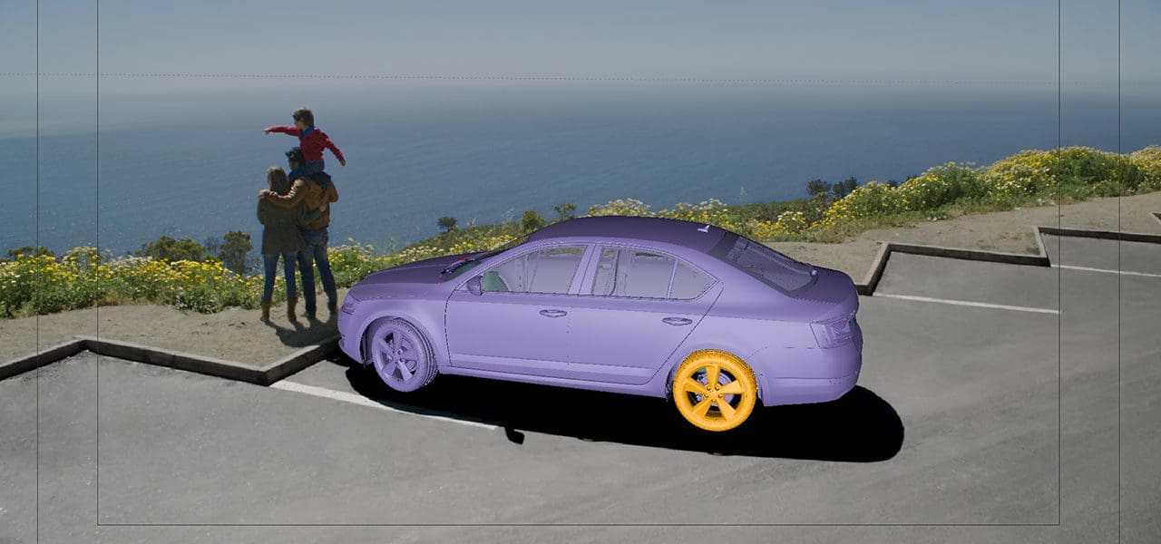 A purple car with yellow wheels parked near a couple admiring the ocean view.