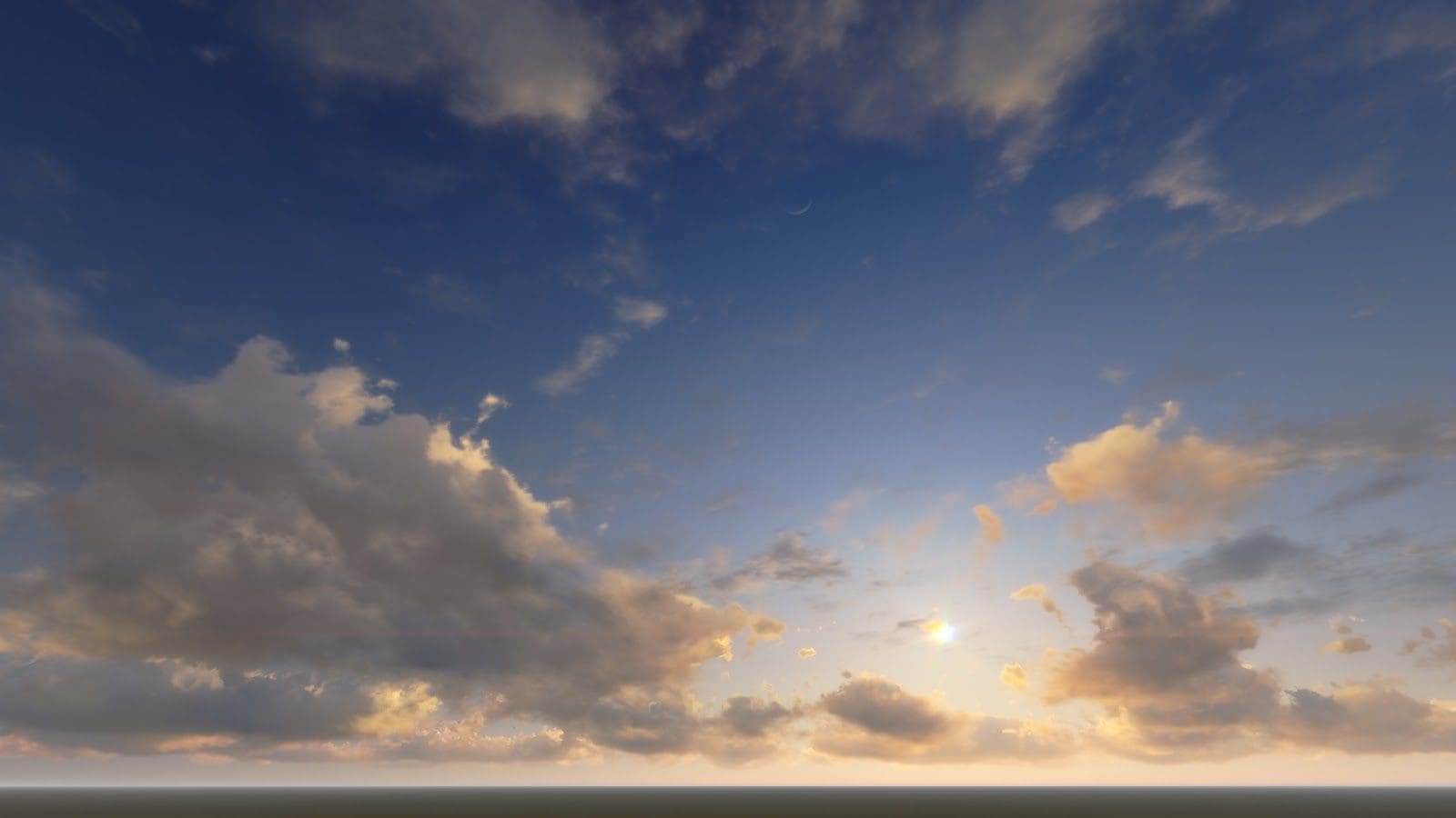 A blue sky with scattered clouds and sunlight peeking through