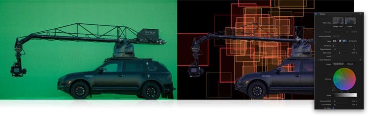 A black SUV with a camera crane on a green background and a digital grid design on the right.