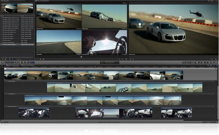 Video editing software interface displaying clips of cars and a helicopter
