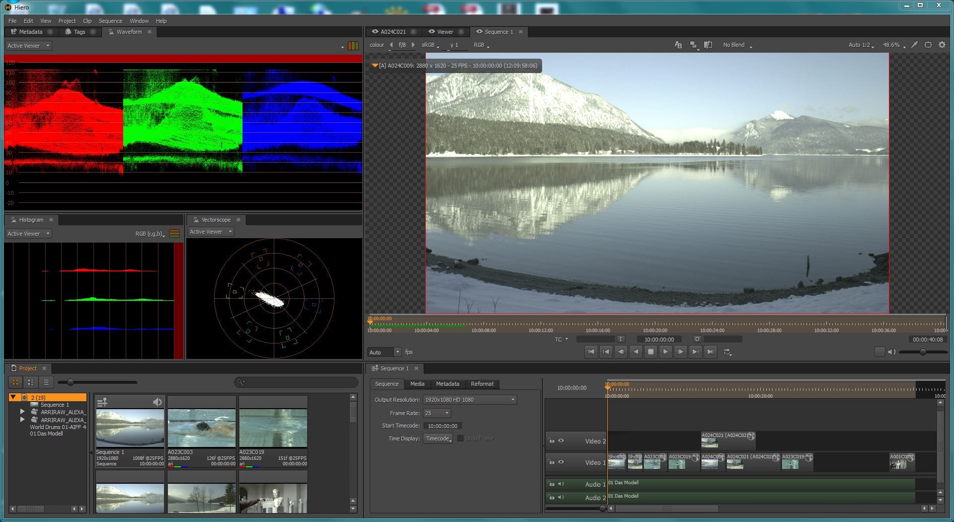 Video editing software interface with lake view