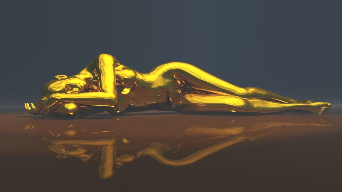 "Liegende Frau in Gold" von Roland Mutterer/Poser 8, Vue Esprit 11/ Deutschland