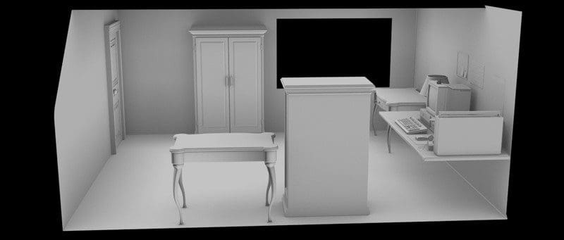 Side view of the scene with the desk on the right side