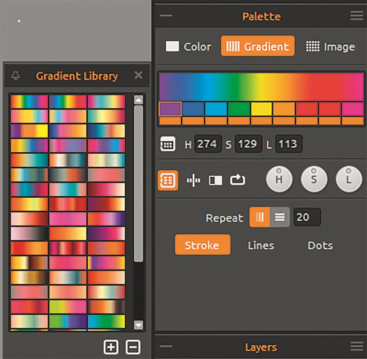 Palette – hier Farbverläufe – links die Gradientenbibliothek
