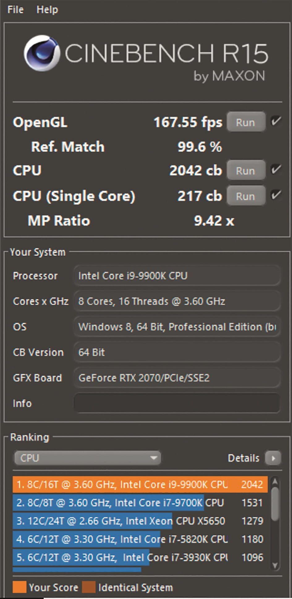 Die RTX 2070 Grafikkarte erreichte mit 167 Bildern pro Sekunde den Cinebench-15-OpenGL-Spitzenwert.