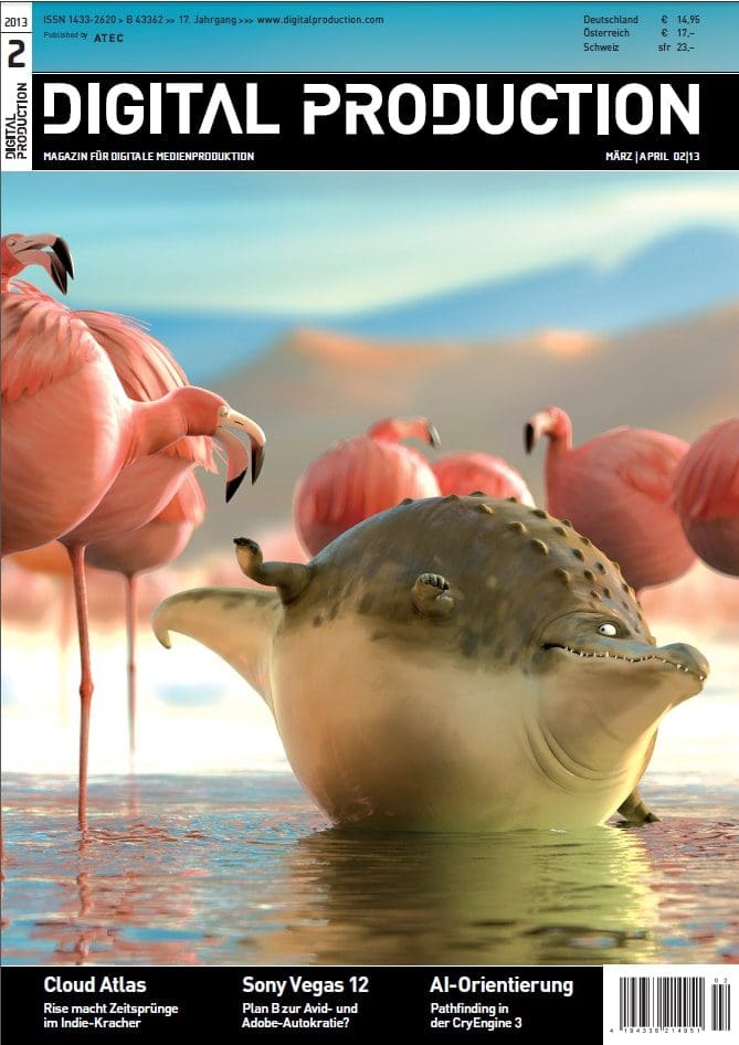 A cartoon dolphin among flamingos on a magazine cover.