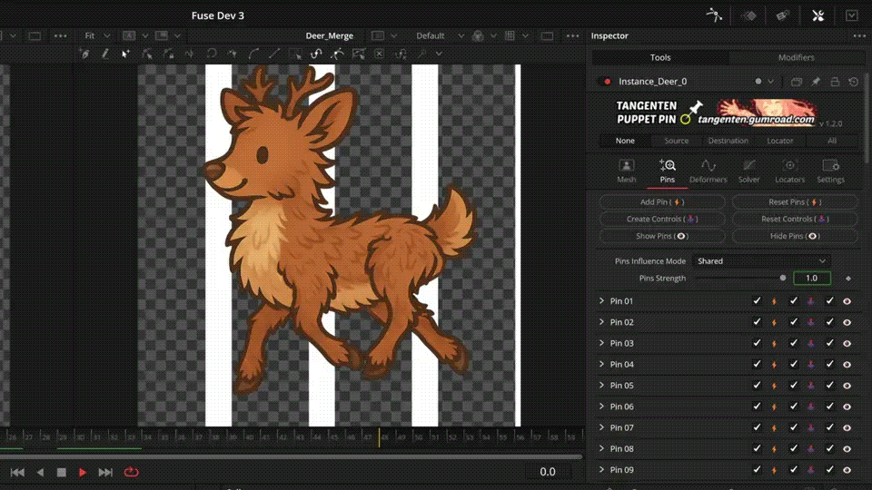 A playful cartoon deer with fluffy brown fur and small antlers is depicted in mid-leap against a transparent background. The character features an expressive face and a cheerful stance, highlighted by white vertical stripes alongside it. The editing software interface, featuring various tool options and settings, is visible on the right.