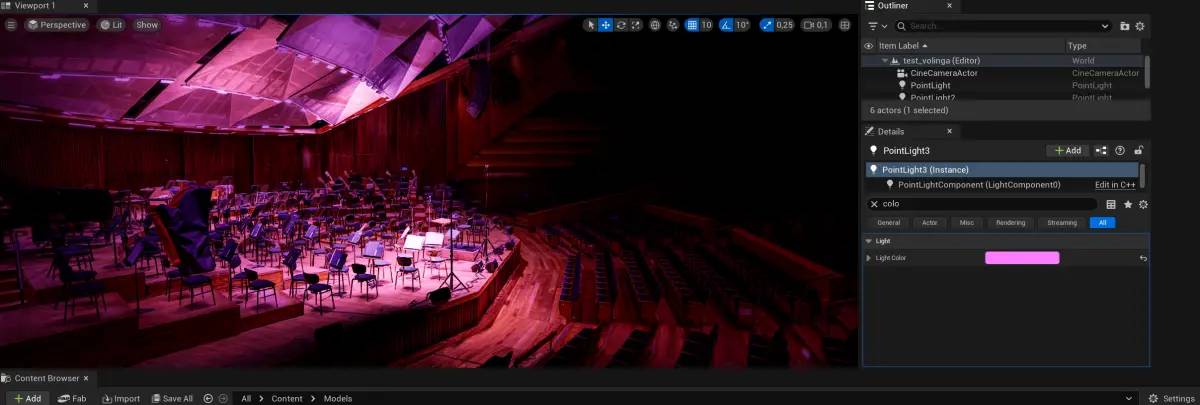 An illuminated concert hall with soft purple lighting casting a warm glow over an empty orchestra. Rows of wooden chairs face the stage, while the dramatic folded ceiling design reflects the artistic ambiance. The scene captures a serene yet expectant atmosphere.