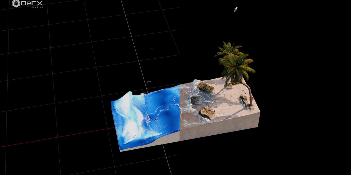 A digital representation of a tranquil beach scene featuring a dynamic blue wave crashing against sandy shores. A palm tree leans gracefully over the water, complemented by scattered rocks and a soft gradient of light beige sand, all set against a stark black backdrop that highlights the vivid colors and textures.