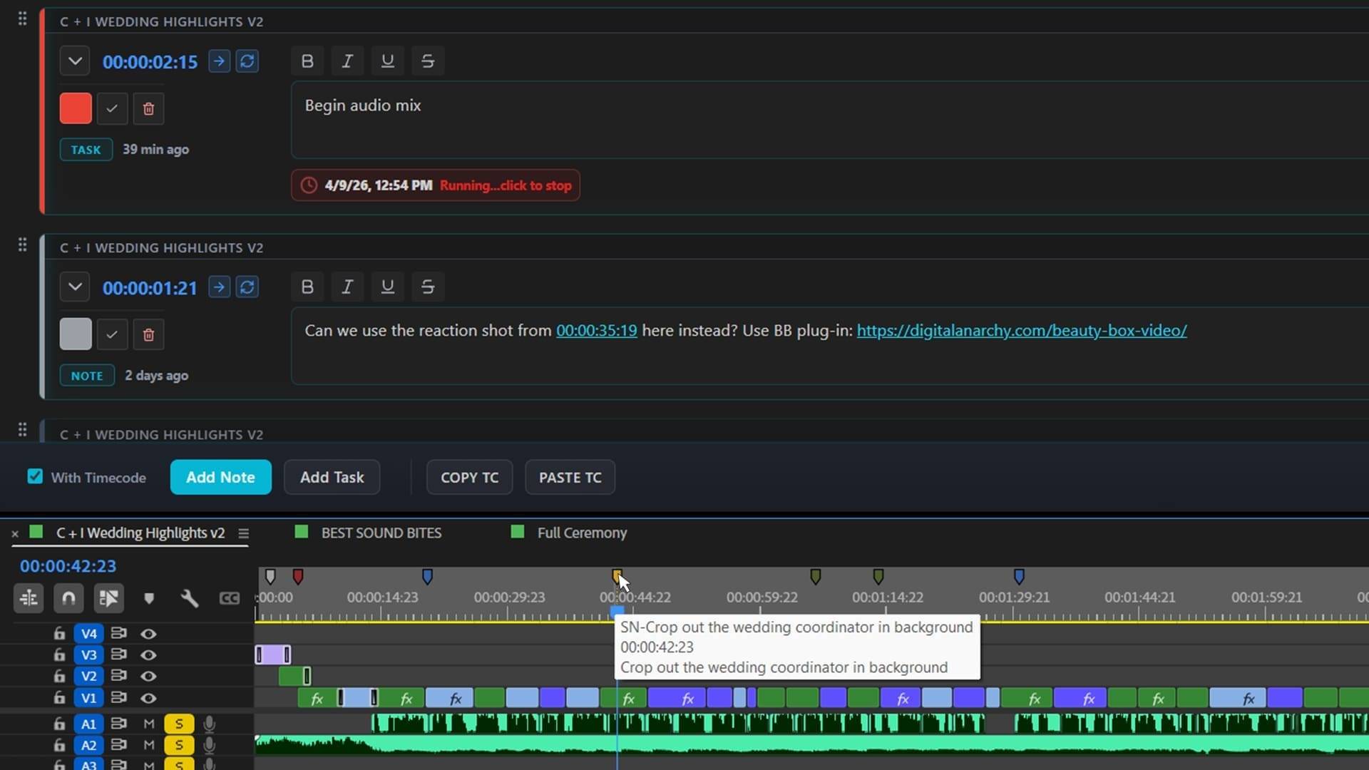 An editing interface displaying audio and video timelines with color-coded clips. Notes and tasks are visible alongside timestamps, organized within a dark-themed layout. The sleek design emphasizes functionality, showing a detailed workflow for wedding highlight editing.