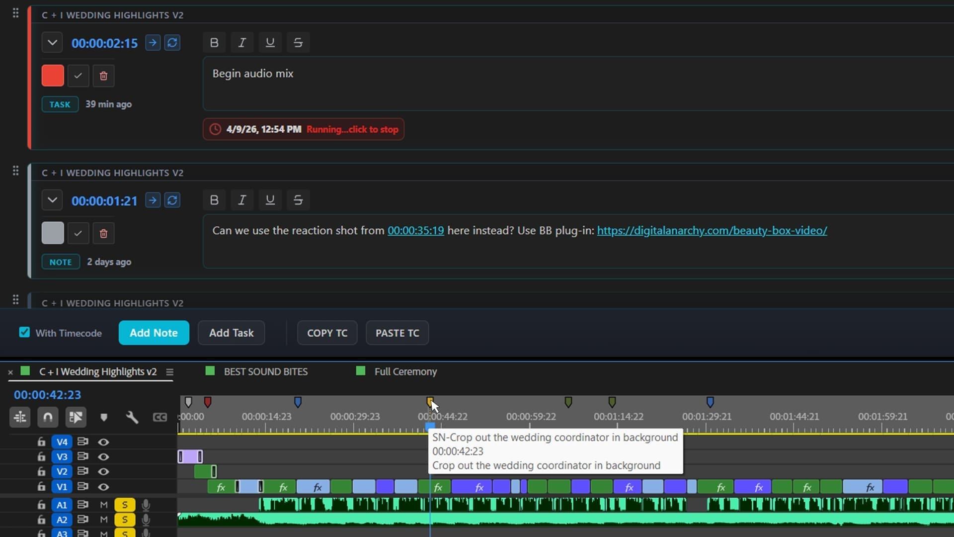 An editing interface displaying audio and video timelines with color-coded clips. Notes and tasks are visible alongside timestamps, organized within a dark-themed layout. The sleek design emphasizes functionality, showing a detailed workflow for wedding highlight editing.