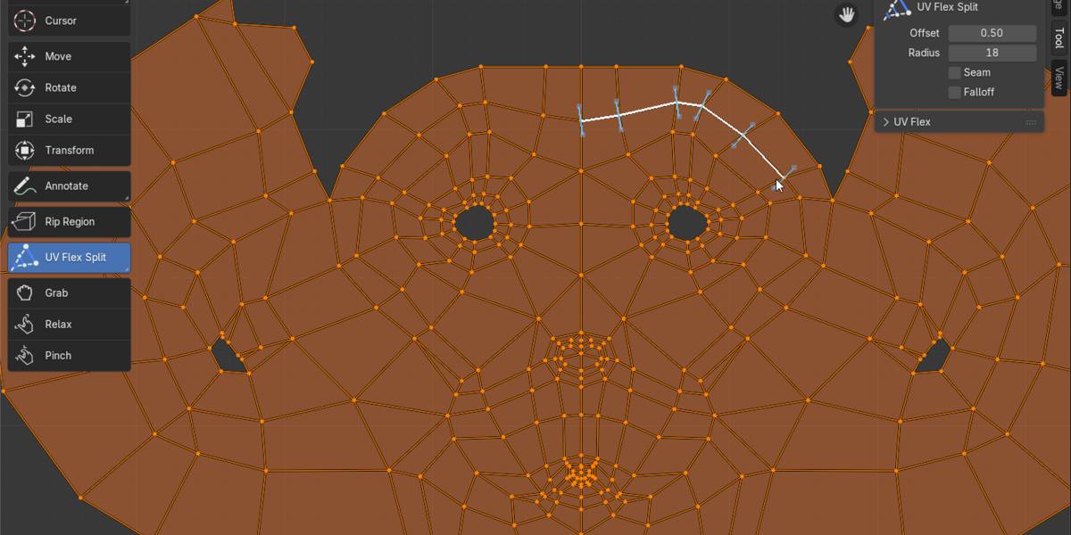 Blender viewport showing a brown, low-poly mesh face or mask viewed in edit mode, with orange vertex points and a white spline UV deformation line running across the top. Tool panels flank the dark workspace, and the dense polygon grid highlights the UV Flex modeling workflow.