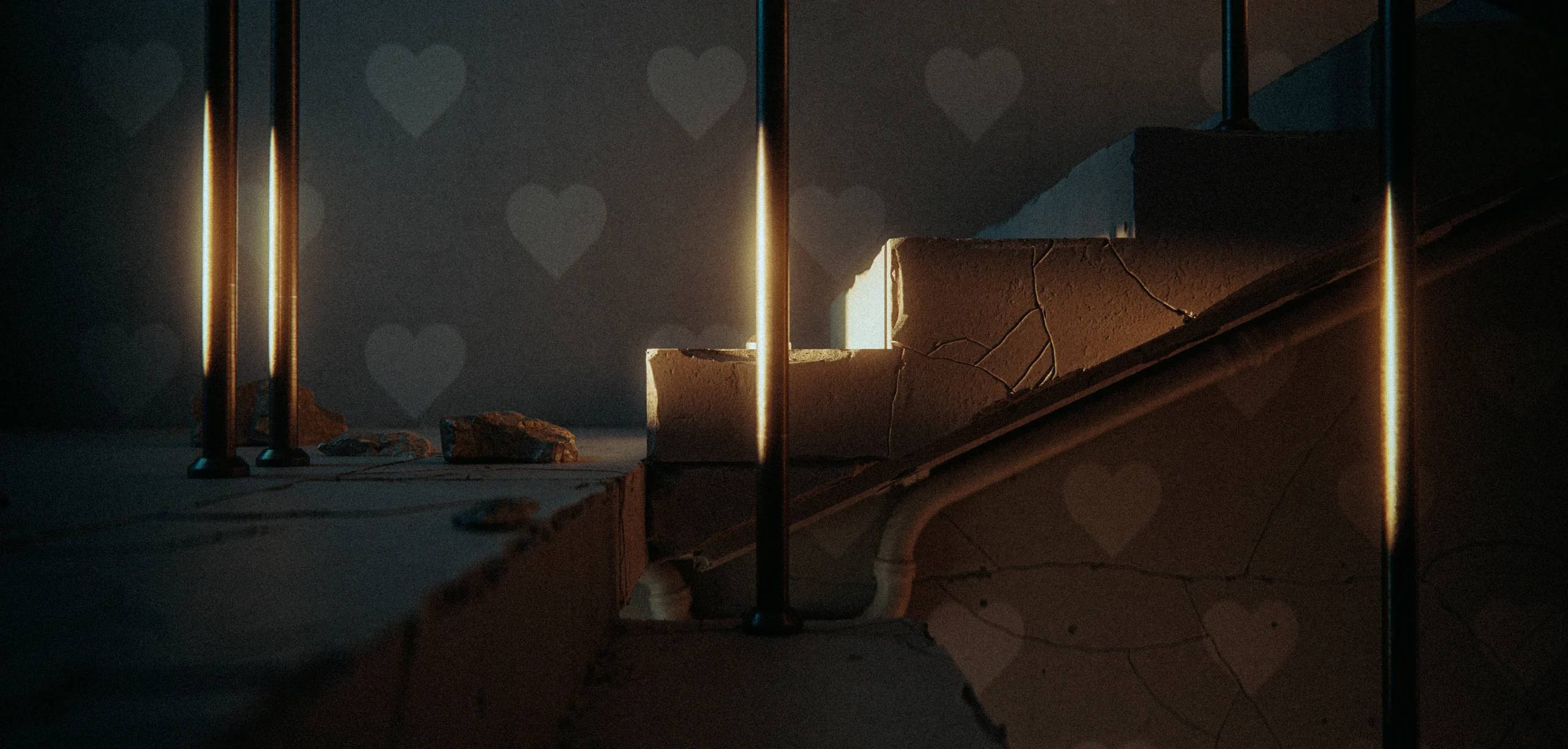 A 3D-rendered, cracked cardboard surface is sliced by several vertical glowing light bars, creating an edgy mesh-damage effect. Dark brown blocks and a muted gray background frame the diagonal composition, while warm orange highlights and deep shadows give the scene a moody, cinematic feel.