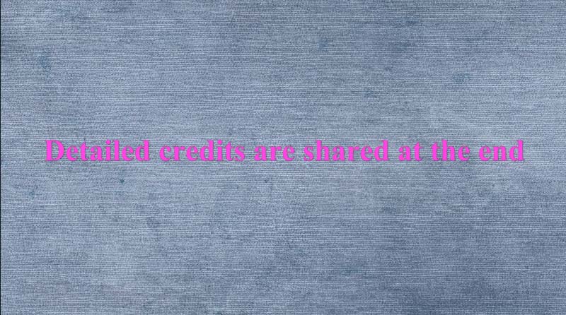 Detailed credits are shown at the end - pink text on textured blue-grey background