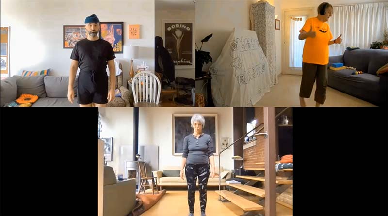 Three dancers perform indoors and are represented in three Zoom screens.