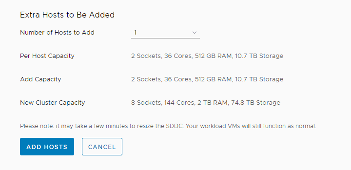 VMware Cloud capacity dialog showing extra hosts, per-host resources, and the resulting cluster capacity.