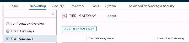 NSX-T Advanced Networking and Security page with Tier-1 Gateways selected.