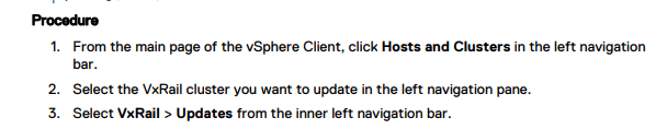 Screenshot from the VxRail 4.7 Upgrade walkthrough at step 1, showing From the main page of the vSphere Client, click Hosts and Clusters in the left; the adjacent article text explains that the below screenshot comes directly from your VxRail 4.7 Admin Guide.