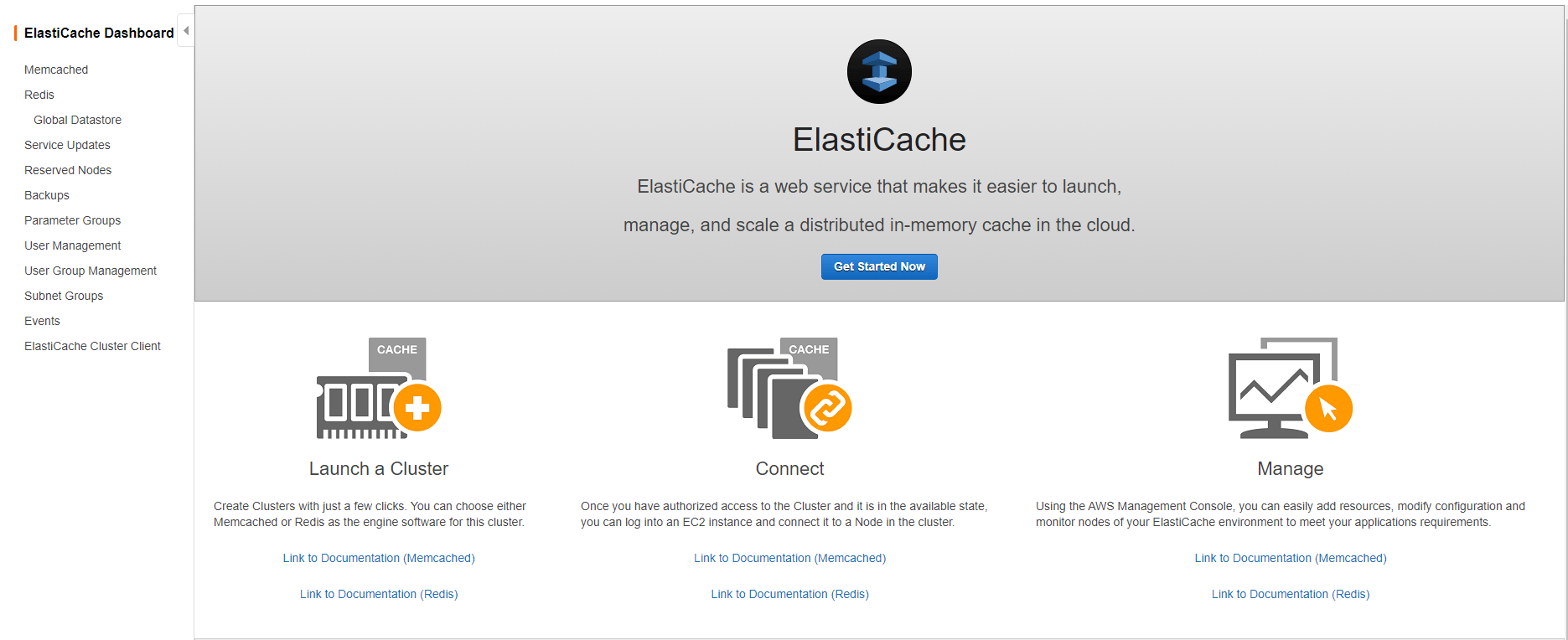 Screenshot from the Create an Amazon ElastiCache Redis Cluster walkthrough at step 1, showing ElastiCache Dashboard; the step instructs the user to select get started now.