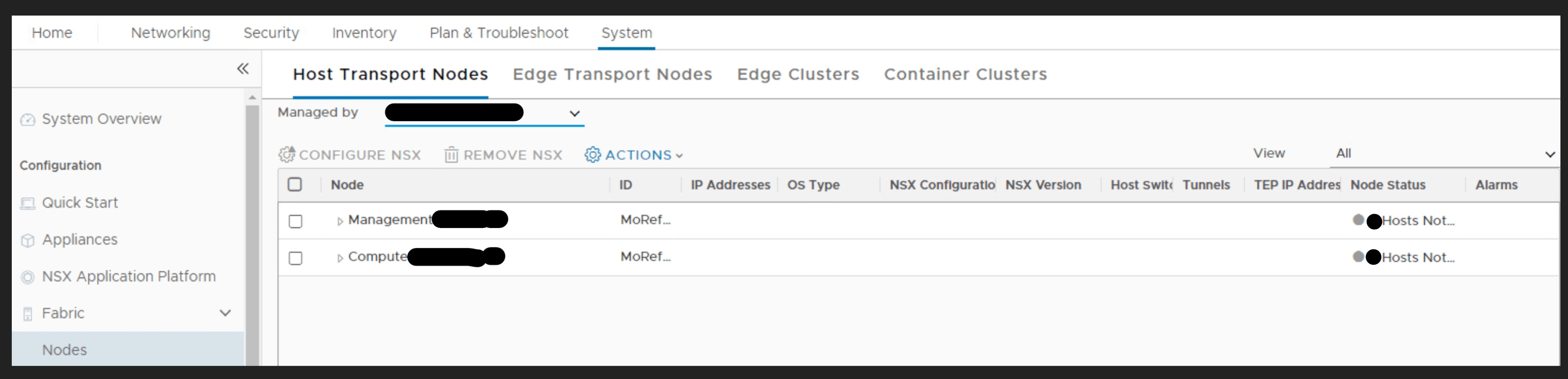 NSX-T Host Transport Nodes page used to select the vCenter-managed ESXi cluster for preparation.