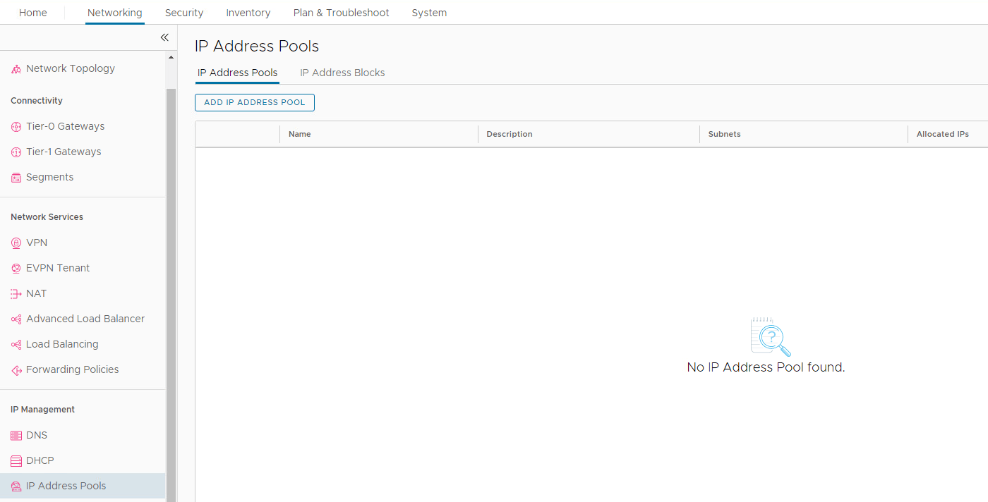 NSX-T IP Address Pools page with the control for adding a TEP address pool.