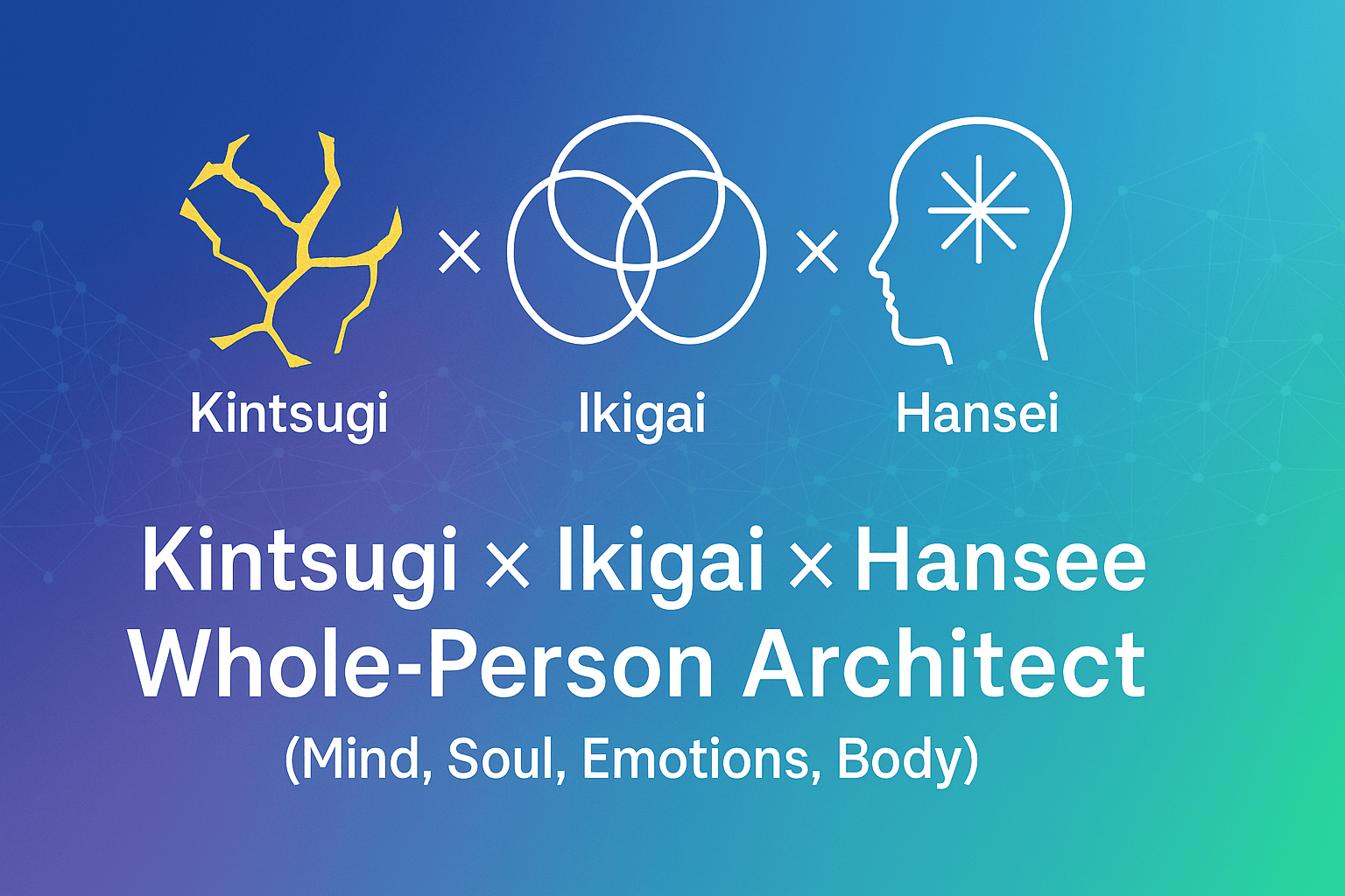 Kintsugi, Ikigai, and Hansei Whole-Person Architect graphic with gold repair lines, overlapping circles, and a reflective head icon.