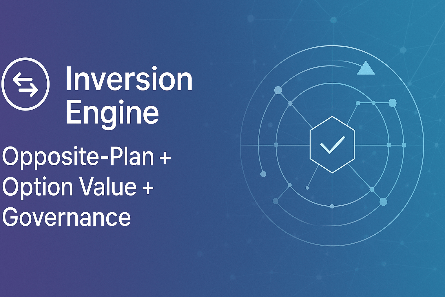 Inversion Engine graphic for opposite plans, option value, and governance, with reverse arrows and a circular decision diagram.