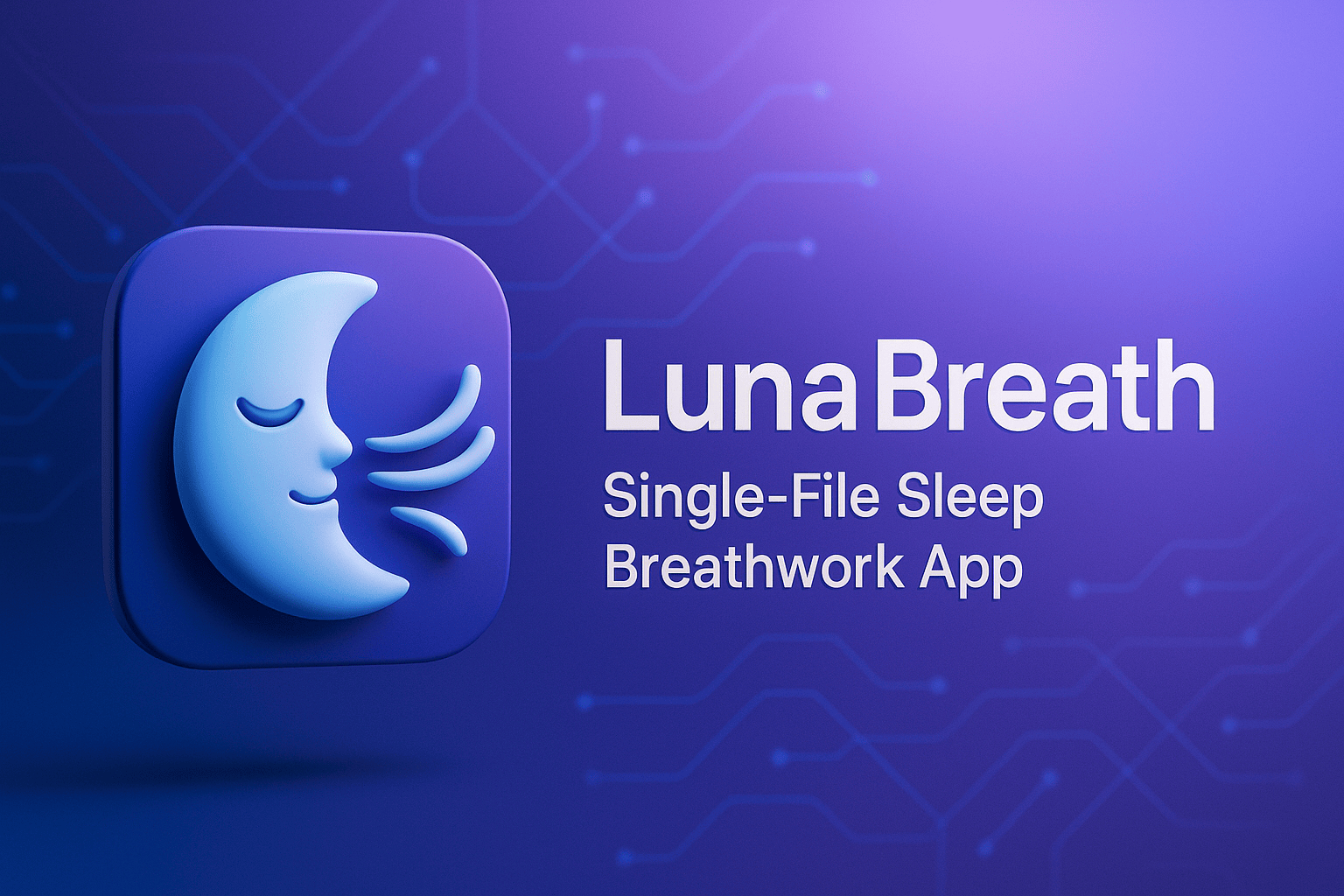 LunaBreath single-file sleep breathwork app graphic with a crescent moon face exhaling.