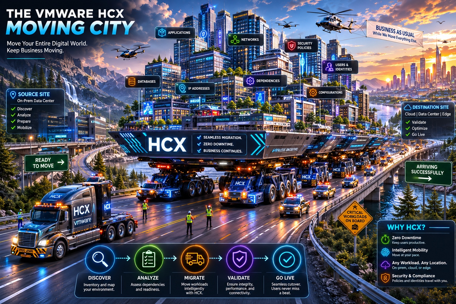 VMware HCX moving-city metaphor showing applications, networks, identities, databases, and configurations migrating from an on-premises source to cloud, data center, or edge destinations.