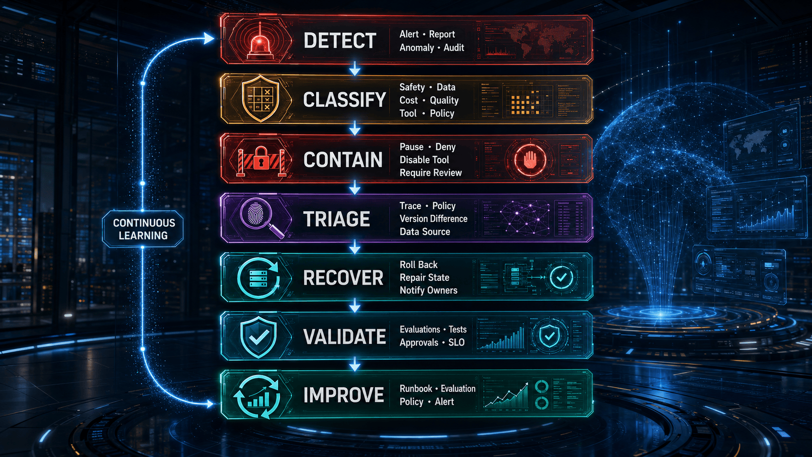 Workflow diagram illustrating The Agent Incident Response Flow for How to Roll Back AI Agents: Incident Response, Circuit Breakers, and Recovery Patterns.
