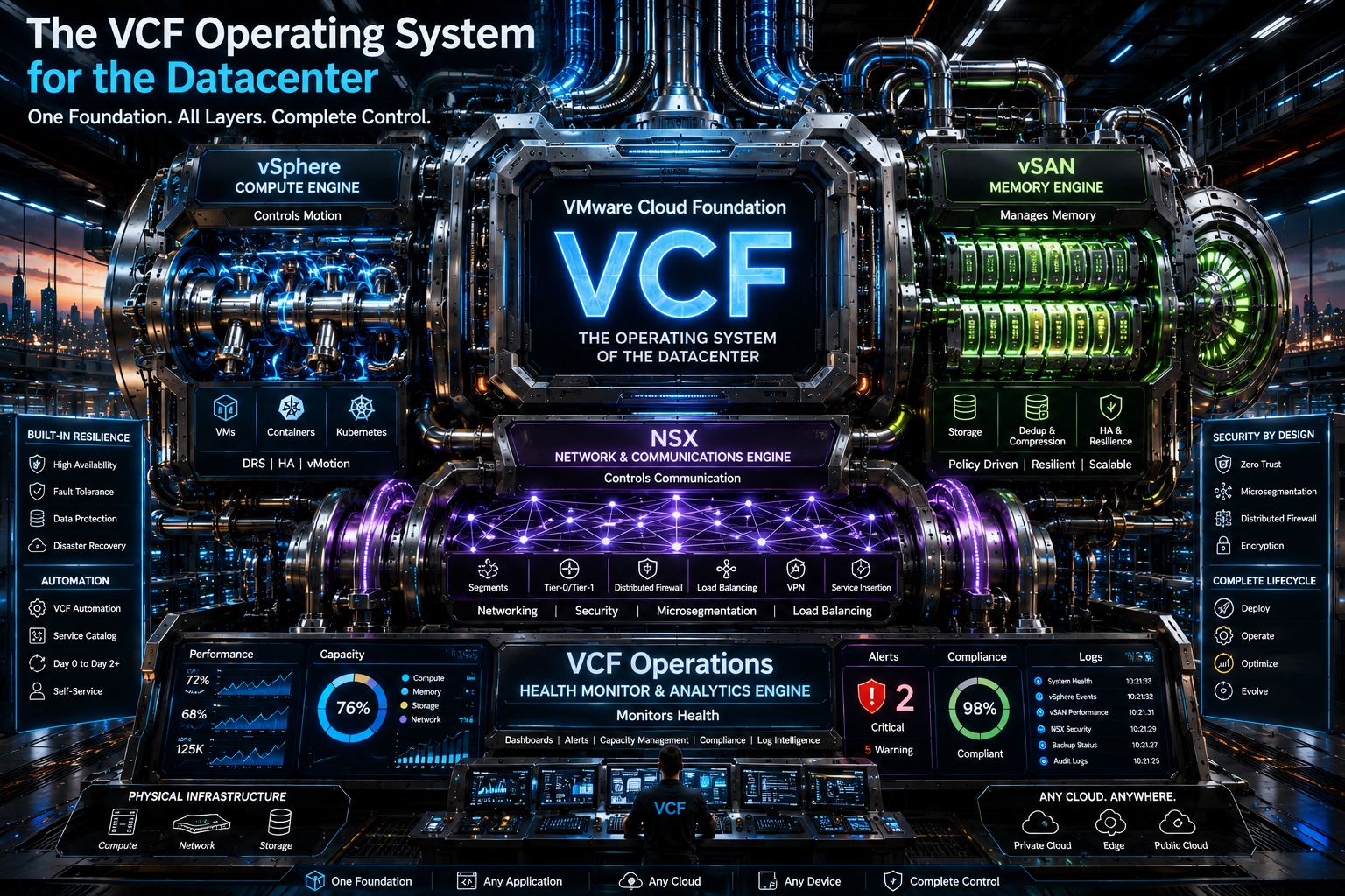 VCF operating system for the datacenter diagram showing vSphere compute, vSAN storage, NSX networking, automation, operations, resilience, and security.
