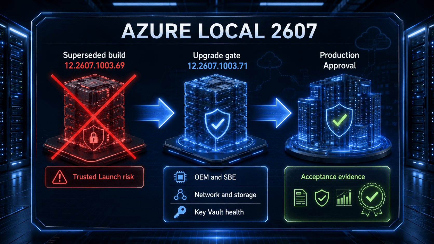 Azure Local 2607 graphic rejects superseded build 12.2607.1003.69 and promotes build 12.2607.1003.71 through OEM, network, storage, Key Vault, and acceptance checks.
