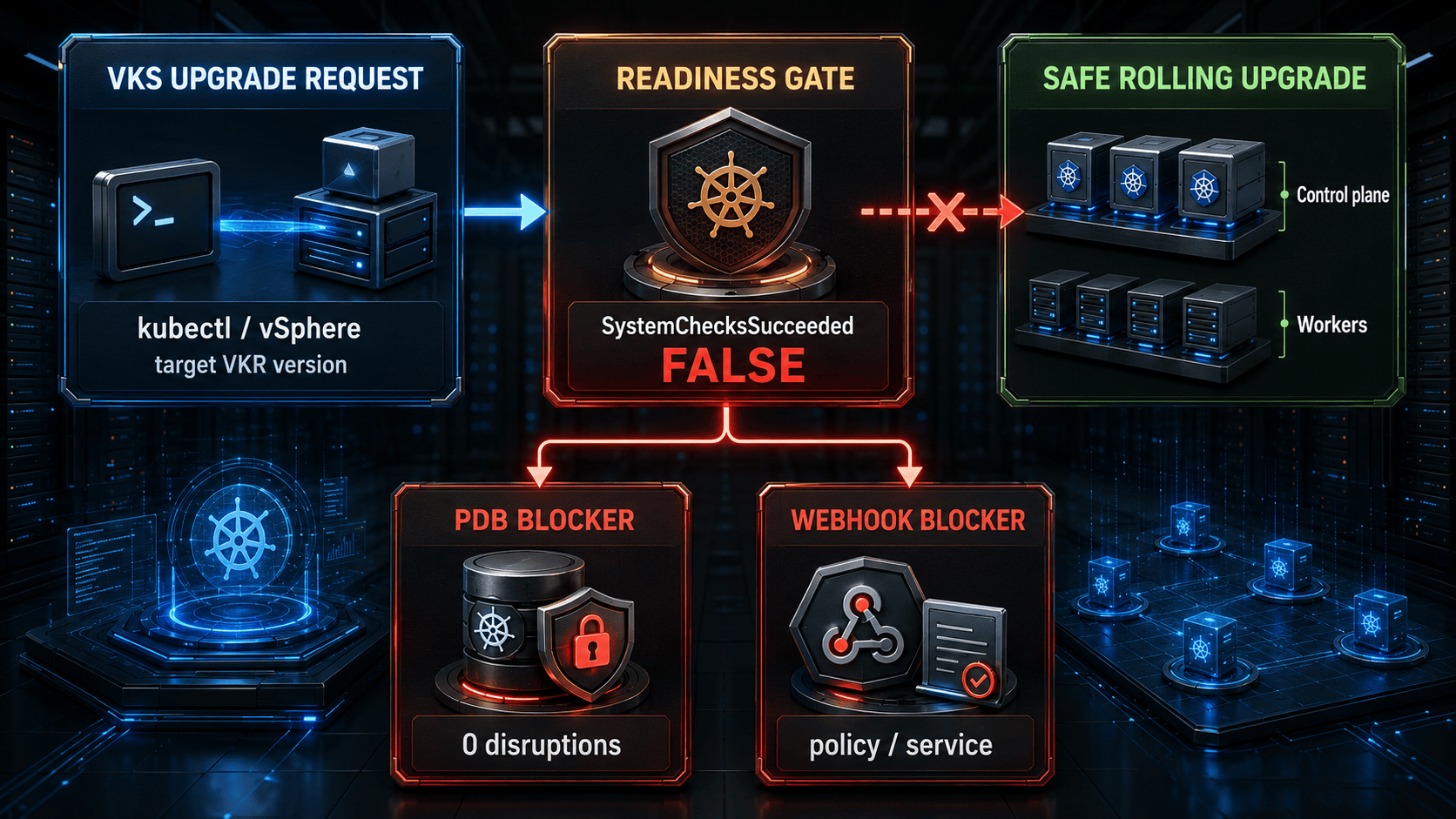 VKS upgrade request is blocked when SystemChecksSucceeded is false because of a zero-disruption PodDisruptionBudget or a policy or service webhook blocker.